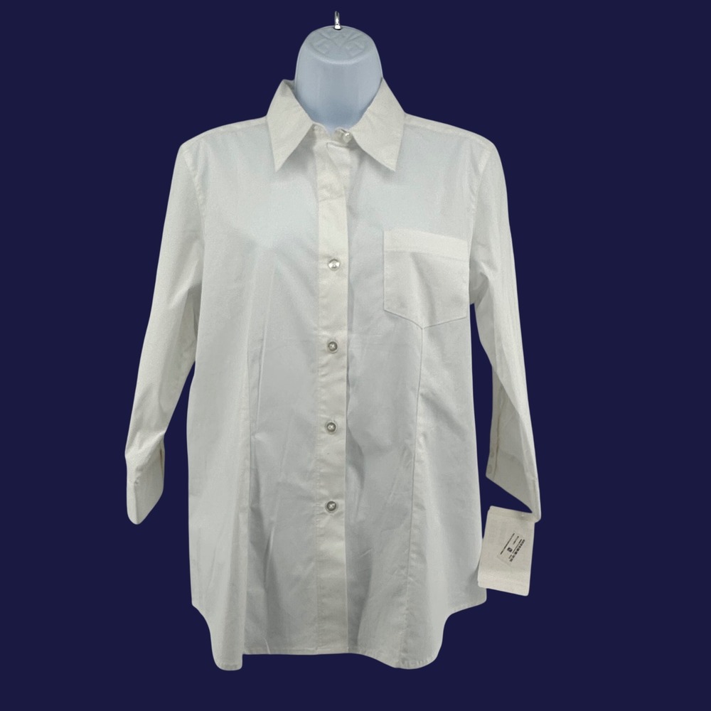 Edward Crisp White Button Down Shirt Womens Size M 3/4 Stretch Sleeve Minimalist